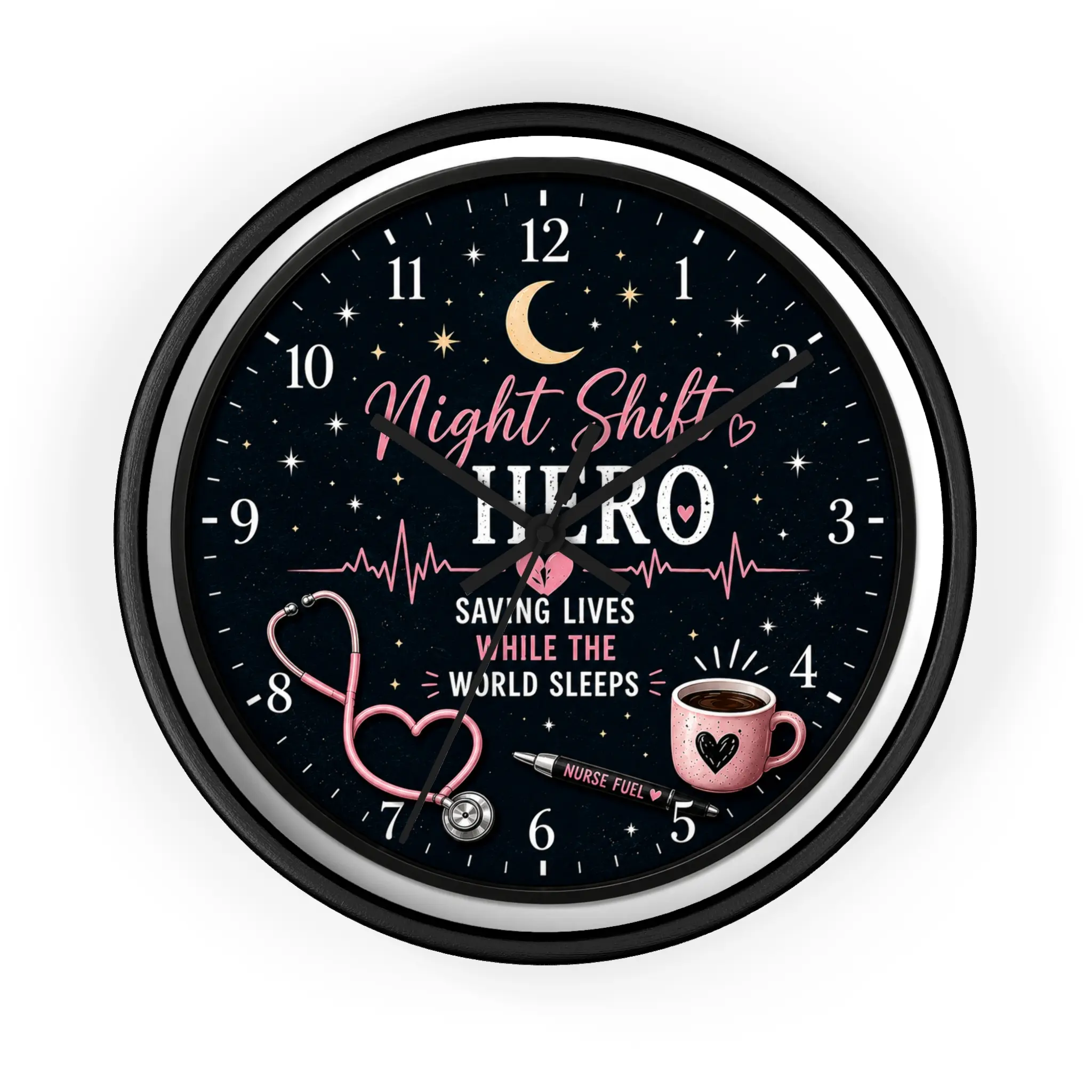 Night Shift Hero Analog Wall Clock - 10" x 10" Colorful Wooden Clock, Nurse Heartbeat Stethoscope Design, Bright Vibrant Printed Face, Celebrates Night-Shift Caregivers, Analog Clock