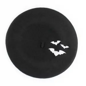 Black Wool Embroidered Beret with Bat Design