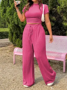 USBoutique Chic Women's Solid Color Tee & Flare Leg Pants Two-piece Set Casual Fashion Minimalist Cozy Outfits for Daily Outdoor Wear Black Crewneck Womenswear