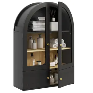 Arched Medicine Cabinet with Extra Storage, Glass Doors & Adjustable Shelf -Wall Mounted Over Toilet Cabinet for Bathroom, Kitchen, Laundry Room, Walnut Wood Grain, 23.6x33.5 Inch