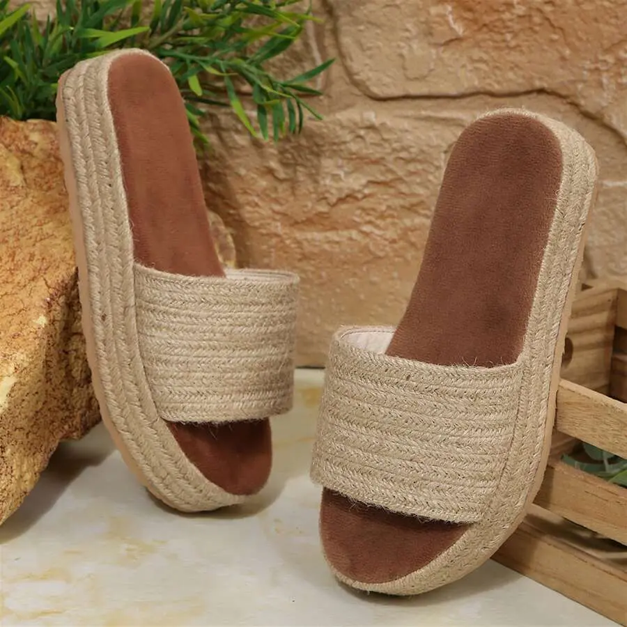 Women's Bohemian Straw Sandals - Lightweight Flat Braided Slingback Slip-On Footwear for Summer Beach Vacation, Braid Detail, Boho Chic Style