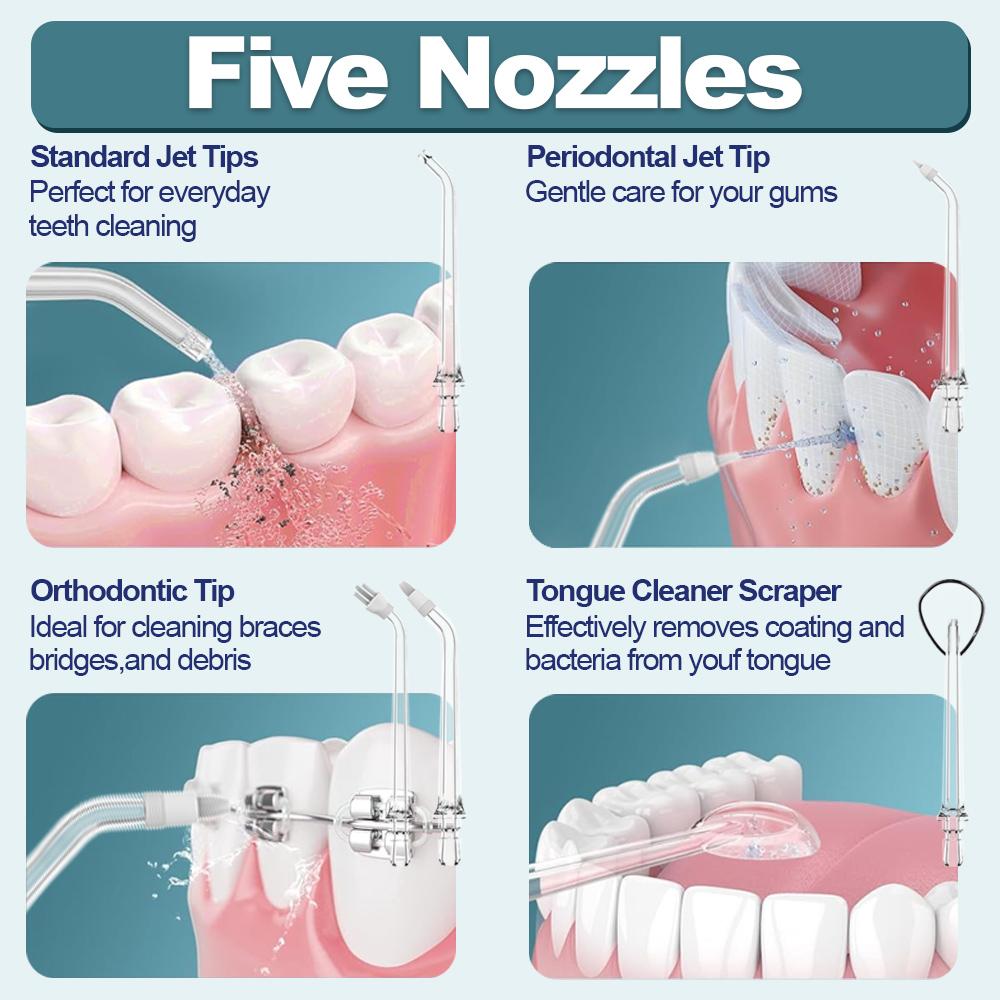 Water Flosser: Rechargeable, oral irrigator, IPX7 waterproof, portable wireless oral irrigator, 300 ml, 5 nozzles, multiple modes, suitable for braces wearers, removes plaque, dental cleaner for home and travel