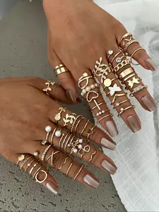 Women's Boho Butterfly Leaf Heart Hollow Out Ring Set, Casual Daily Party Dating Vacation Jewelry, Perfect Gift Choice