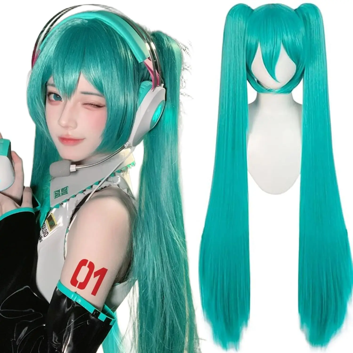 Green Cosplay Wig for Women with Two Detachable Ponytail, 47 Inch / 120cm Long Hair Long Straight Synthetic with Bangs for Halloween Costume Party Anime (Green)