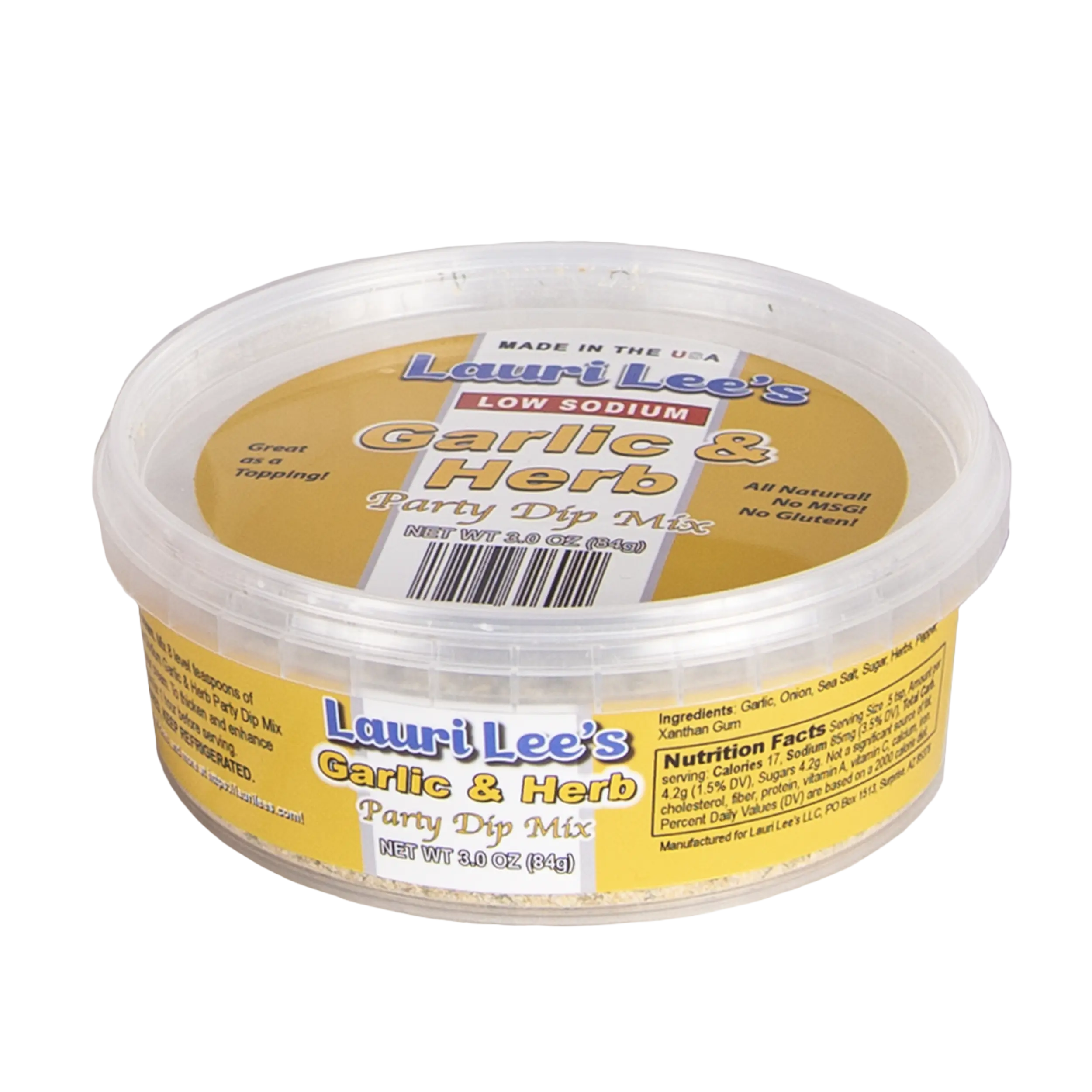 Lauri Lee's Low Sodium Garlic & Herb Party Dip Mix 3 oz. Tub - Perfect for Dipping Chips, Veggies, or As A Spread or Topping - Made in USA