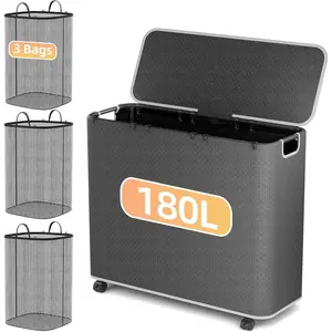 180L Laundry Basket With Lid and Removable 3 Bags, Large Rolling Laundry Hamper with Lid, 3 Section Rolling Clothes With Wheels, Clothes Hamper with Wheels For Laundry Room, Black