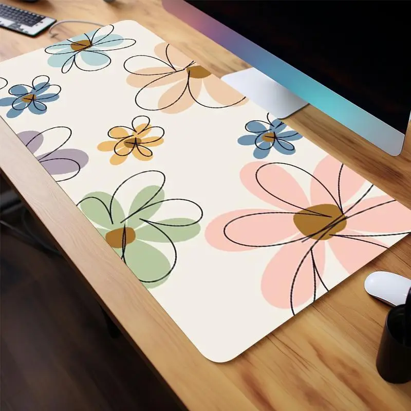 Boho Daisies Pattern Large Gaming Mouse Pad, Summer Floral Non Slip Computer Keyboard Pad, Rubber Base Stitched Edge Mouse Pad, Desk Mat For Game Home