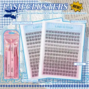 Wispy Lash Clusters Natural Eyelash Clusters C Curved Individual Lashes 9-12mm Cluster Eyelash Extensions Soft Lash Extension DIY at Home Cluster Lashes with Waterproof Bond&Seal Mild Remover Tweezers and Brush All in One Kit SummerVibe for Clean Girls