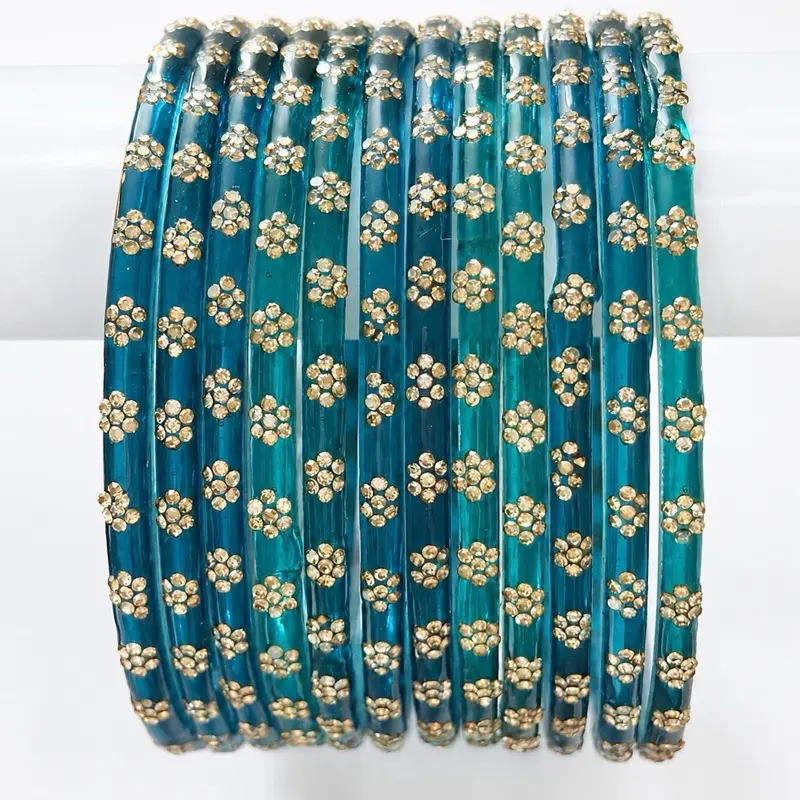 Women's 12-Piece Stackable Rhinestone Flower Shaped Glass Churiyan - Gold Multi-Colors Elegant Bangle Bracelet, 2-Size Costume Jewelry for Female Use, Jewelry Design Indian Bridal Accessory Gift
