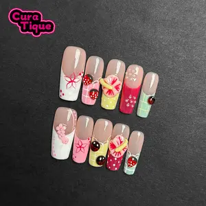 CuraTique | Strawberry Sour0PCS Handmade Press On Nails REUSABLE 3D Gel spring 2026 / Prom