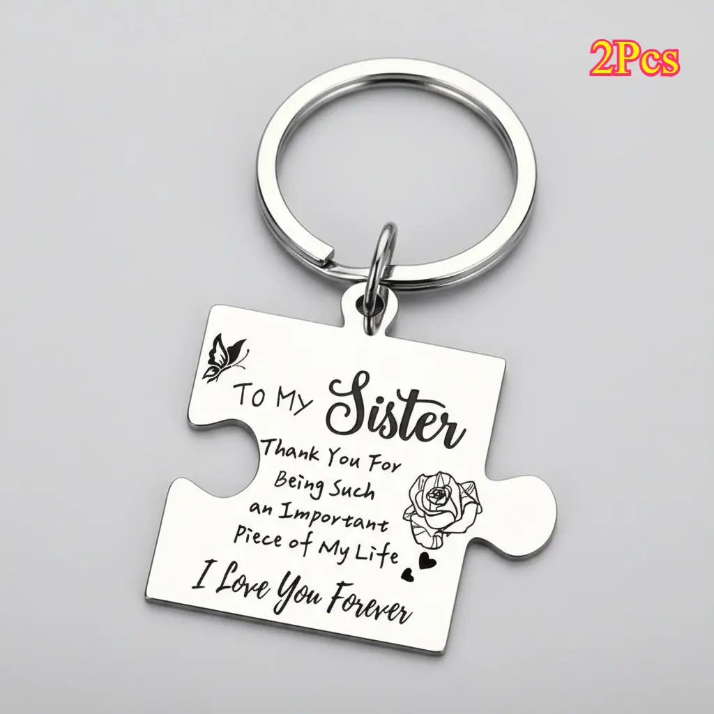 Women's 2pcs Sister Chain-Attached Keychains Set - Custom Engraved "To My Sister" Stainless Steel, Everyday Carry Chain, Car Accessories, Wallet Hangables, Ideal Birthday Gift, Set Of Two