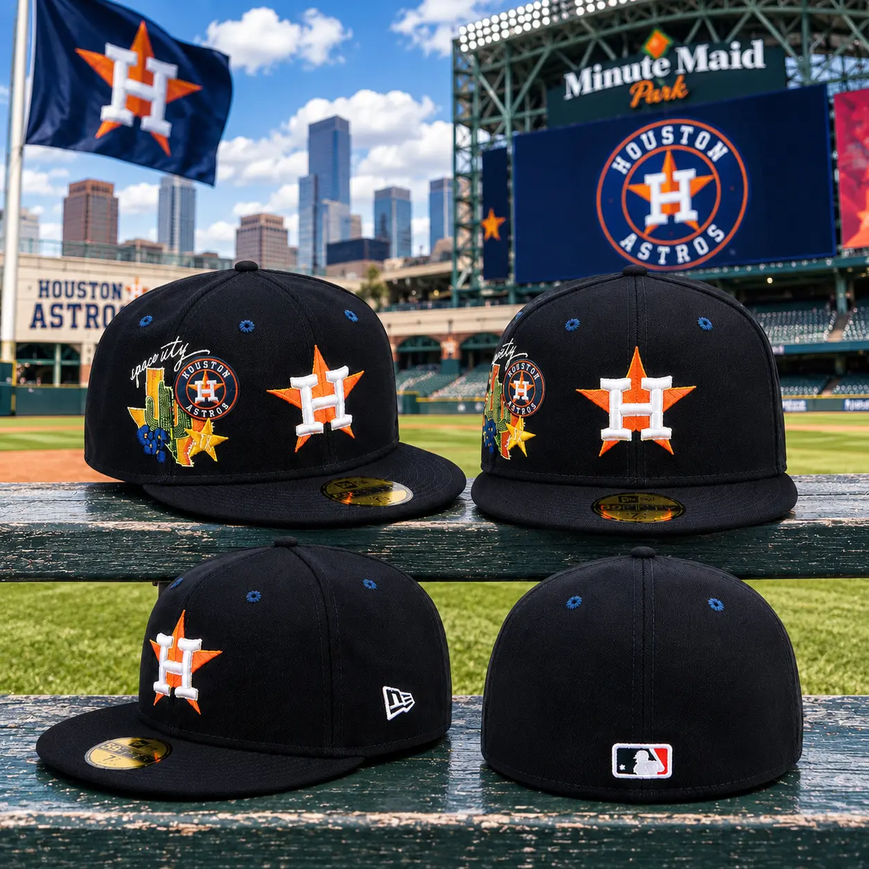 Houston H Star Black 59FIFTY Style Fitted Baseball Hat – City Embroidery Flat Brim Cap