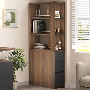 ModernMate Bookcase with 3 Drawers and Storage Shelves, 71'' Tall Corner Bookshelf with 3 Tier Open Double-Sided Design, Multi Functional Organizer, Wood Bookshelves for Home/Office, Black Walnut