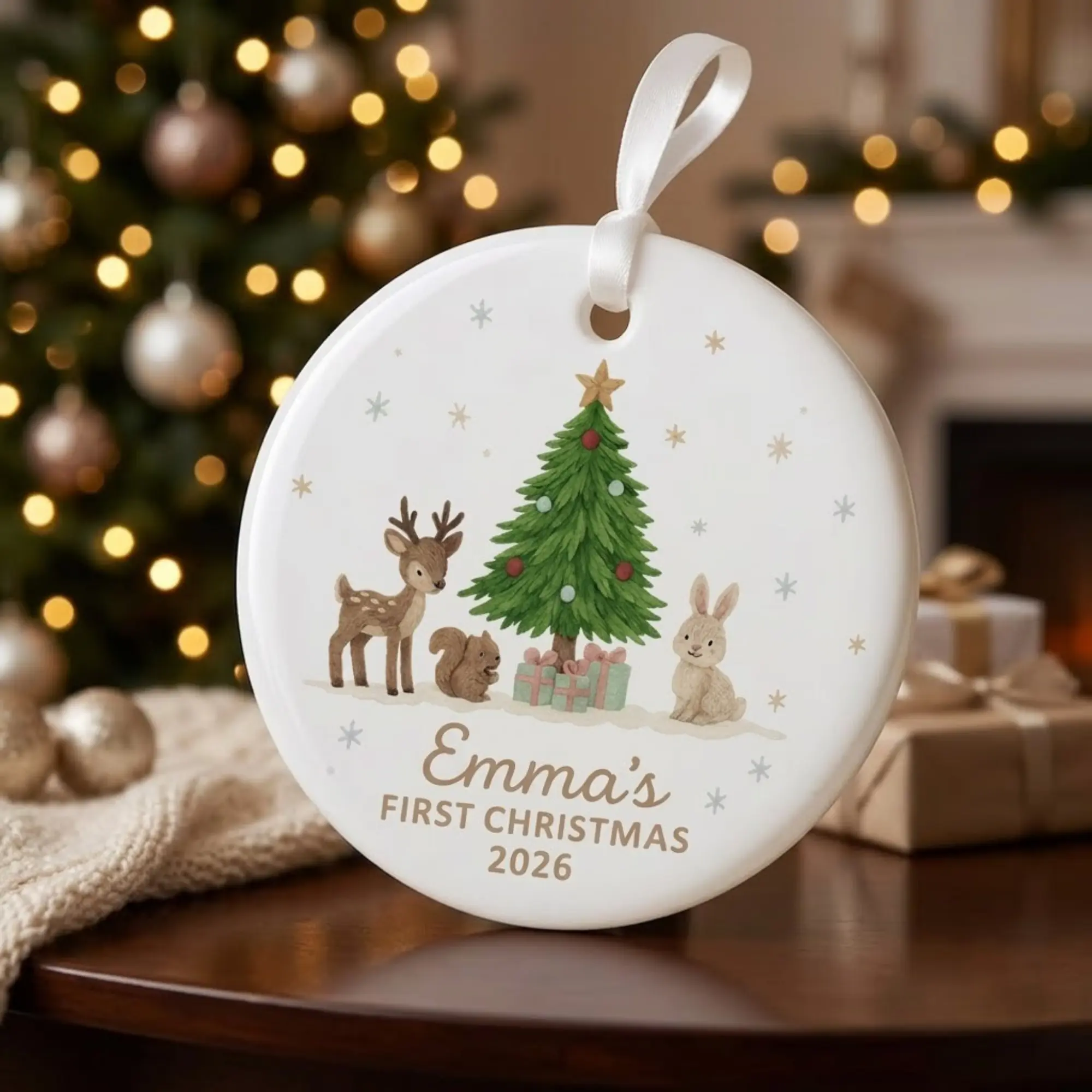 Personalized Woodland Animals First Christmas Ornament, Custom Baby Keepsake, Deer Bunny Squirrel, Circle Ceramic Ornament 2-side