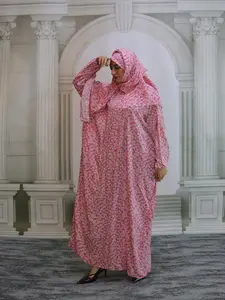 New Middle Eastern Muslim Women Floral Trim Hooded Prayer Dress, Fashion Casual Print Robe Set, Long Sleeve Loose-Fit Modest Style