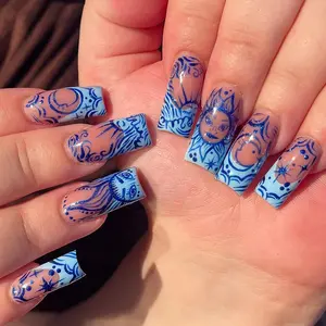 24pcs Medium Long Blue French Press-On Nail Set, Sun Star Design, Acrylic False Nails, Easy Wear, Suitable for Women and Girls