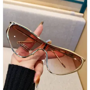 Y2K Oversized Shield Sunglasses - Gold Frame Gradient Brown Lens, Trendy Wrap-Around Style
