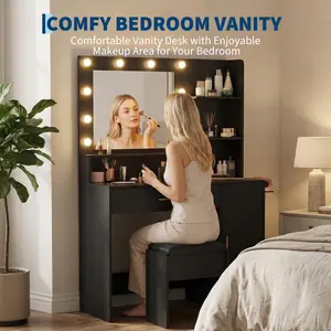 35.4" Makeup Vanity Desk with 3-Level Smart LED Mirror & Power Outlet, White/Black Dressing Table with PU Cushioned Stool, Large Drawer, Cabinet & Hairdryer Rack for Bedroom