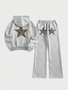Y2K Star Print Hoodie & Leopard Pants Set, Street Style Fashion, Casual Trendy, Light, Women's Clothing