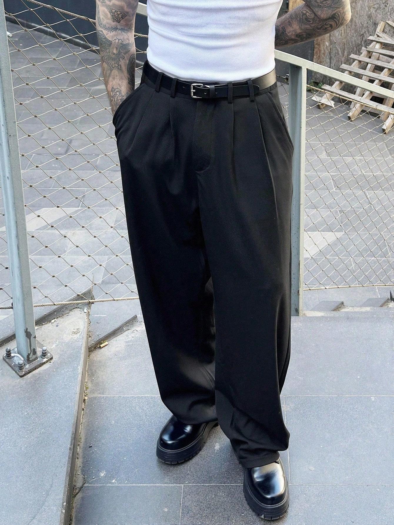 Mens Pleated Business Casual Suit Pants Loose Straight Leg Dress Trousers Relaxed Fit Office Work Pants with Belt Loops Side Pockets Modern Streetwear Slacks for Work Meetings Weddings Daily Wear Smart Casual Outfits Versatile Commuter and Everyday Slacks