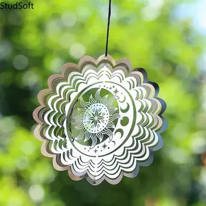 10cm Silver Sun & Moon Mandala Hanging Wind Spinner, 3D Stereo Stainless Steel Wind Chime for Sports & Outdoor Camping & Hiking Hammock Use