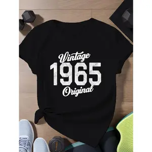 [100% Cotton] Vintage 1965 Edition Women'S T-Shirt - Casual Short Sleeve, Round Neck, Distressed Print, White, Spring/Summer/Fall Wear, Fitness Ready Apparel |   Vintage Style Tee |   Nonstretch Fabric, Ladies T Shirts T-Shirt For Men And Women