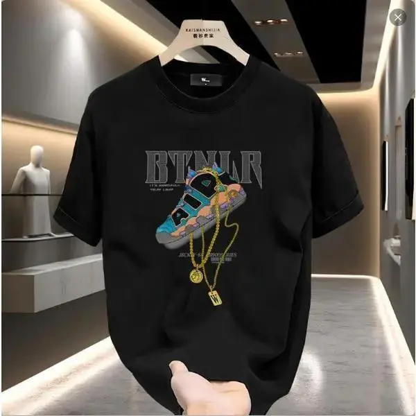 Fashion Sneakers Graphic T-shirt, Big Gold Chain Print, Unisex, Men's Short Sleeve Round Neck Street Style T-shirt Summer and Spring, Casual, Clothing, Youthful Vitality   good graphic tees Breathable Classic
