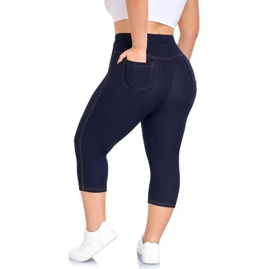Jeggings for Women Plus Size Capri,High Waisted Stretchy Jean Pants Pull On Denim Capri Leggings with Pockets XL-4XL