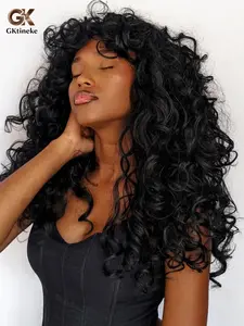 Gktineke Curly Wig for Black Women Curly Wigs with Bangs Bang Feature 18 Inch Black Curly Afro Curly Texture Synthetic Wig for Cosplay and Daily