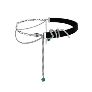 Shamrt Leather chain snake-shaped handmade necklace, punk and cold-toned style, collarbone chain for a unique look.