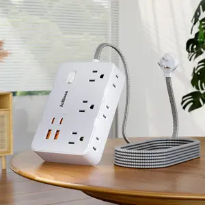 Flat Plug Surge Protector Power Strip, Power Outlets Strip, 5 ft Braided Flat Extension Cord with 4 USB Ports, Compact Desk or Wall-Mount Charging Station for Office, School and Dorm, Power Socket Extender