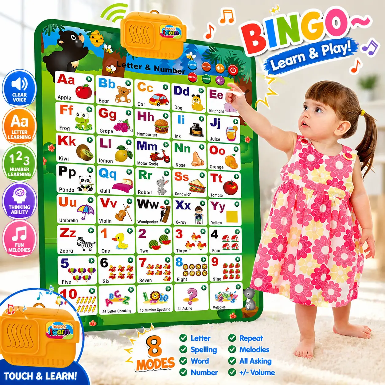 Talking Alphabet Learning Poster for Toddlers, Interactive ABC & 123 Wall Chart with Music, Spelling, Letter Sounds & Number Learning, Preschool Educational Toy Gift for Kids