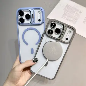 Magnetic Case For iPhone 16 17 Pro Max 15 14 13 12 11 +Camera Lens Protector & Built-in Metal Camera Ring Stand,Compatible with MagSafe,Shockproof Military-Grade Protection Acrylic Clear Phone Cover For iPhone 17 Air
