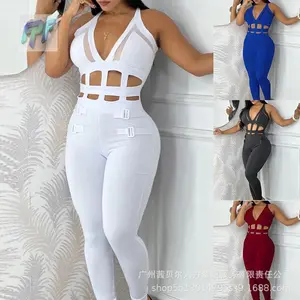 White Waist Hollow Out Tie-Up Halter Neck Tight-Fitting Jumpsuit