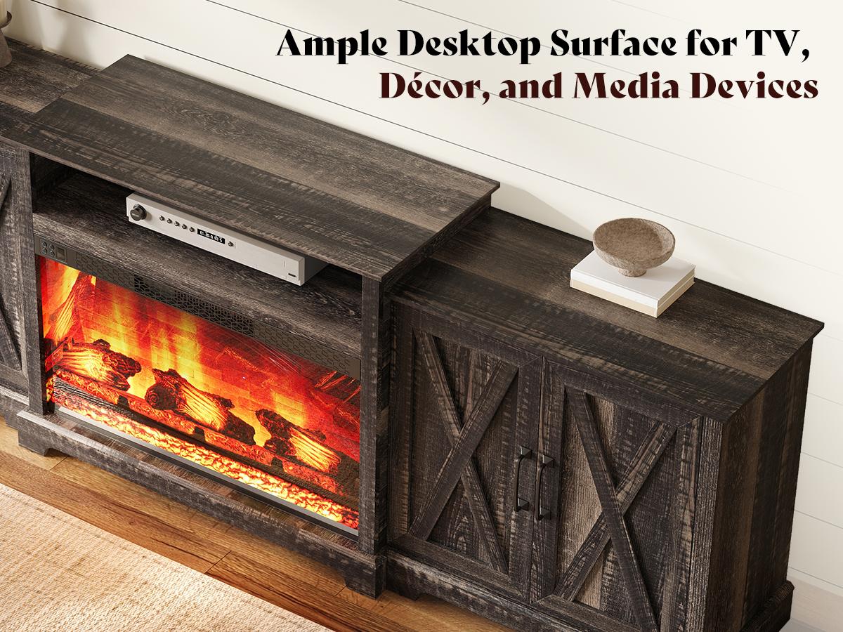[Ships in Multiple Boxes] VanAcc 70"/ 97" Large Fireplace TV Stand, Farmhouse Entertainment Center with 33" Electric Fireplace, Media Console with Storage Cabinets & Adjustable Shelf