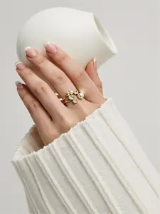 Irregular Pearl & Cubic Zirconia Ring for Women accessories , 18K Gold Plated Stainless Steel Open Ring, Non Tarnish Elegant Statement Ring, Adjustable Fashion Jewelry for Daily Wear, Wedding & Gift