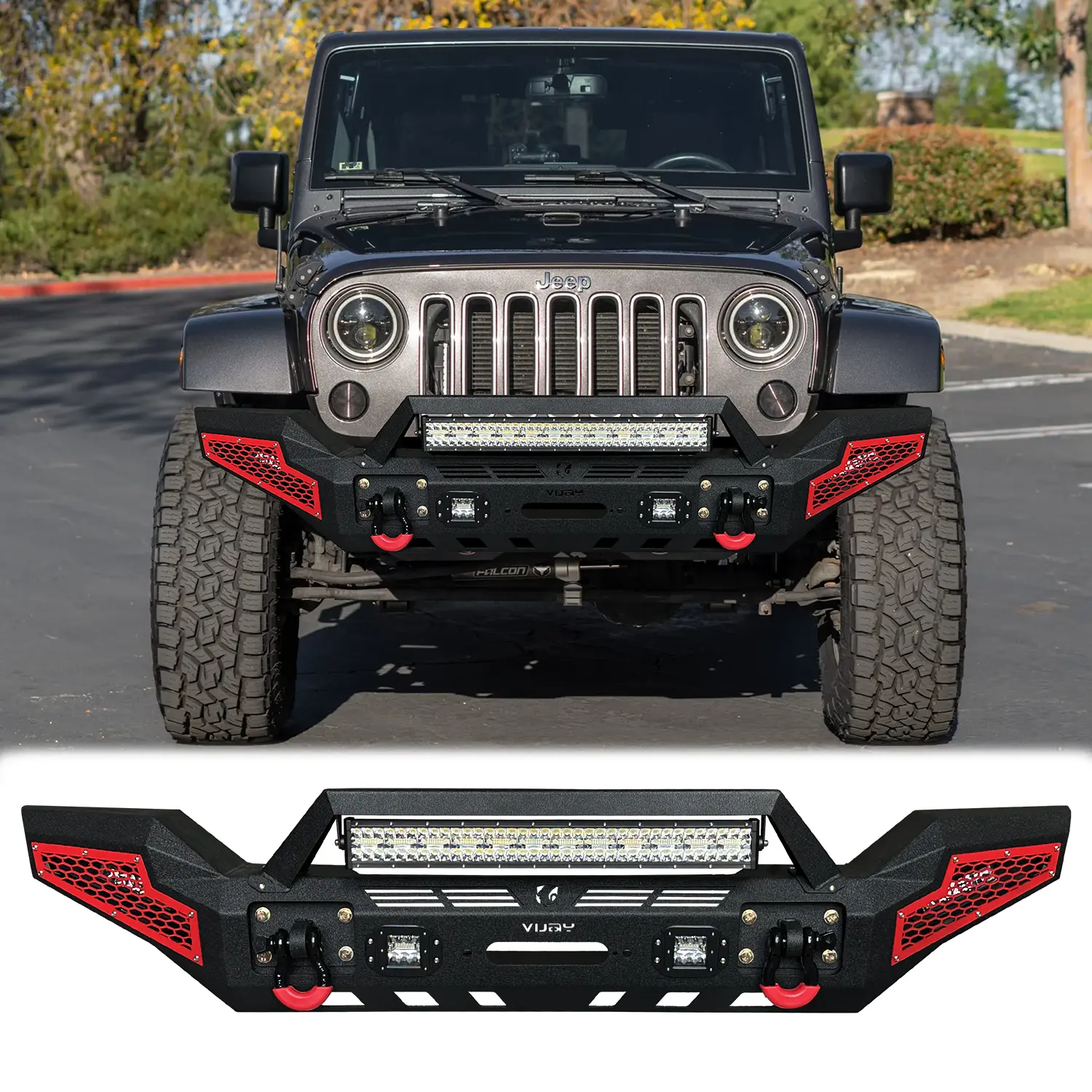 Vijay Black Texture Front Bumper Set for 2007-2025 Jeep Wrangler JK/JL & Gladiator JT Vehicle, Off-Road Compatible, with Winch Plate, 5-Aluminum-Light Lighting Kit, 2 4.75T D-Rings, Simple Screw Installation, D-Ring Mounts