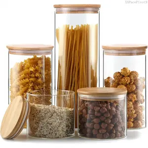 Glass Storage Jars [Set of 5],Clear Glass  Storage Containers with Airtight  Lid Stackable Kitchen Canisters for Candy,Cookie,Rice,Sugar,Flour,Pasta,Nuts and  JarsXXPacePivot9