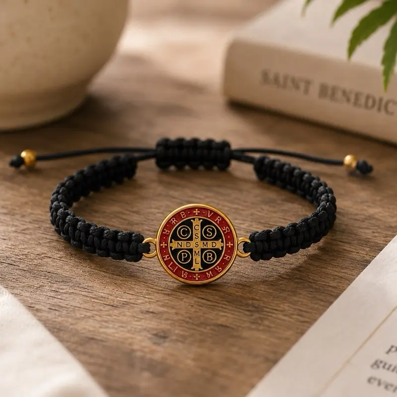 San Benito Enamelled Black Cord Bracelets, Fashionable Bracelet, Catholic Religious Jewelry Accessory for Men and Women