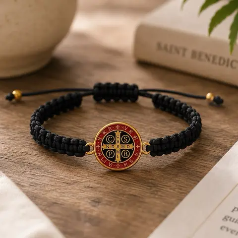 Unisex San Benito Enamelled Black Cord Bracelet - Adjustable Casual Catholic Religion Jewelry with San Miguel Design, Enamelled Fabric Religious Symbols Accessory