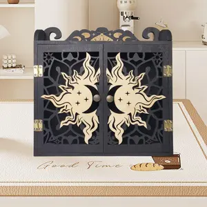 FNYDOX Large Crystal Display Shelf Case for Stones, Carved Sun Crescent Moon Shelf, Trinket Shelf Nail Polish Rack Crystal Holder Essential Oil Storage Rock Cabinet Gem Stone Organizer