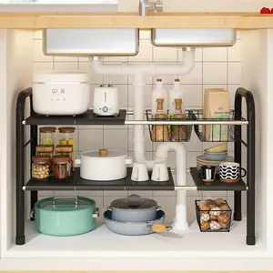Expandable 2 Tier Under Sink Organizer Shelf with 2 Removable Baskets 6 Removable Panels for Cabinet Sink Wardrobe Closet Storage Black Adjustable 17.71”-32”Length