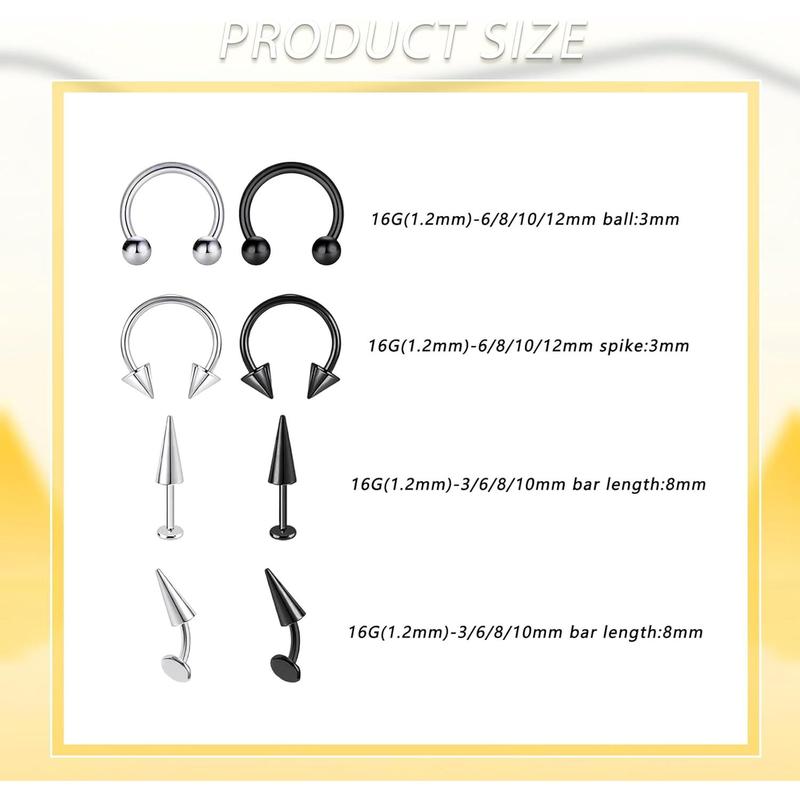 Spike Lip Rings Snake Bite   Vertical Labret  Monroe Lip Barbell Horseshoe Ring Snug Daith Rook Conch Tragus Helix Cartilage Earring for Women Men 32 count 16G