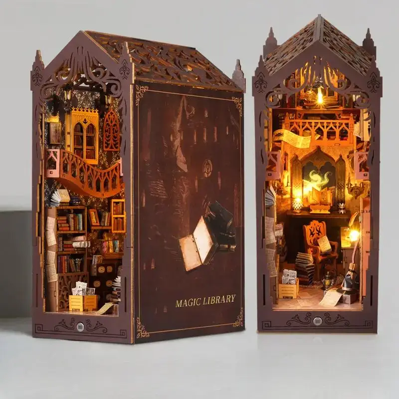 Vintage Style Magic Library Design Wooden DIY Book Stand Model, DIY Micro Building Model with Light Effect, Handmade Gift, Birthday Gift, DIY Building