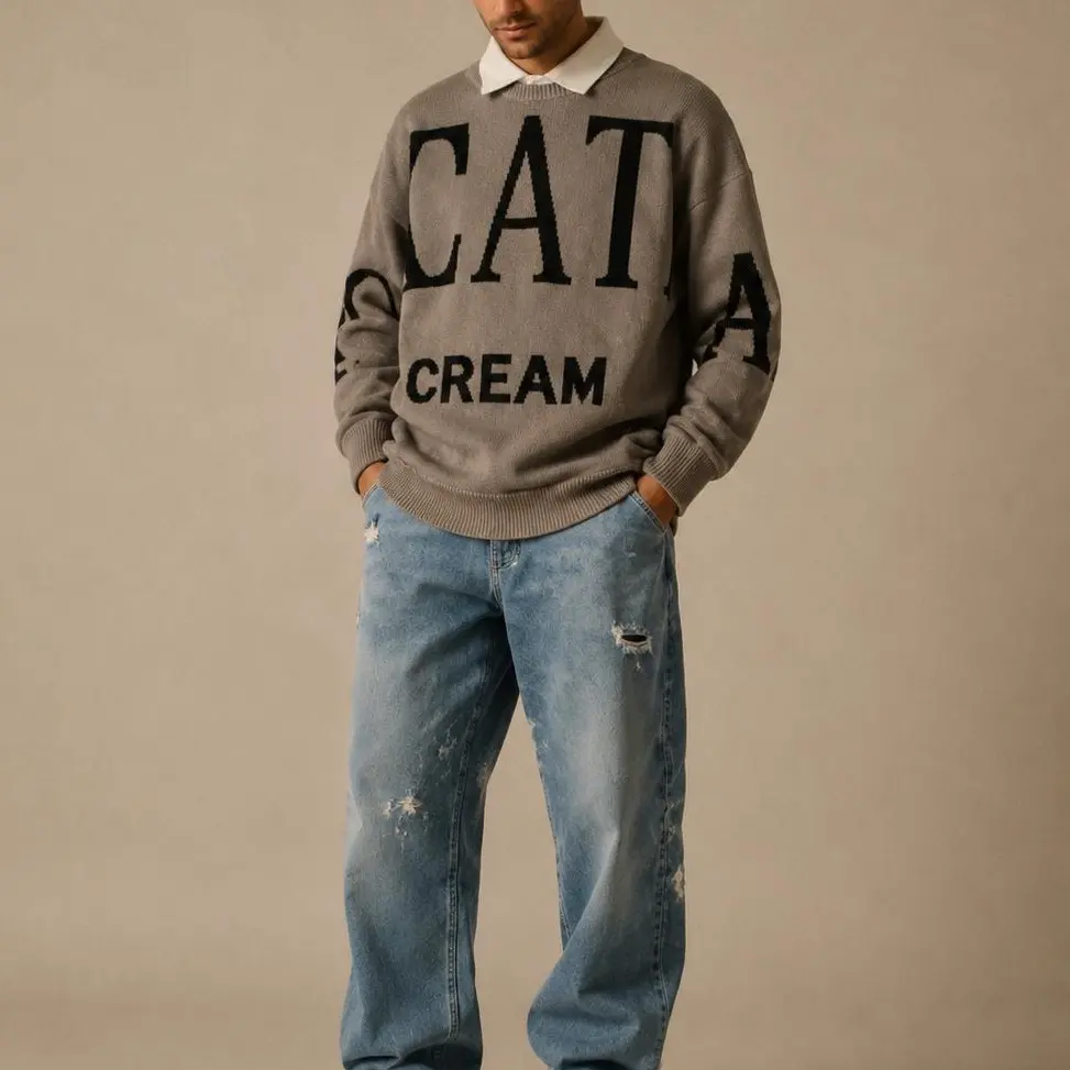 Mens Womens Unisex Oversized Knit Sweater EAT CREAM Graphic Letter Print Crewneck Pullover Y2K Streetwear Casual Retro Fall Winter Cozy Warm Soft Aesthetic Jumper Knitwear Easy Care Machine Washable Relaxed Fit Size S M L XL