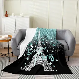 Feelyou Paris Theme Flannel Throw Blankets - 50x60in Teal Blue Microfiber Edge-Stitched Soft Plush Warming Blanket, Vibrant Indoor Cozy Accent, Soft Warming Blanket