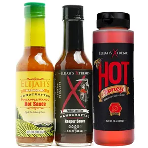 Elijah’s Xtreme Sweet & Heat Trio Hot Sauce Variety Pack: Hot Honey, Pineapple-Mango Habanero, and Reaper Sauces for a Well Rounded Balance of Flavor and Heat, Gourmet Hot Sauces Gift Set and Flavor Dip,  Mild to Hot, 3 Bottles