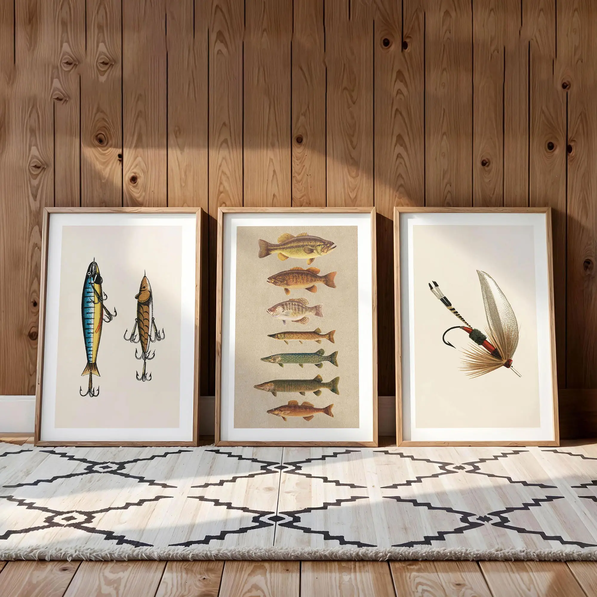 Old Time Fishing Poster Set of 4, Vintage Angler Wall Decor, Rustic Cabin Lake Prints, Outdoor Nature Home Decoration