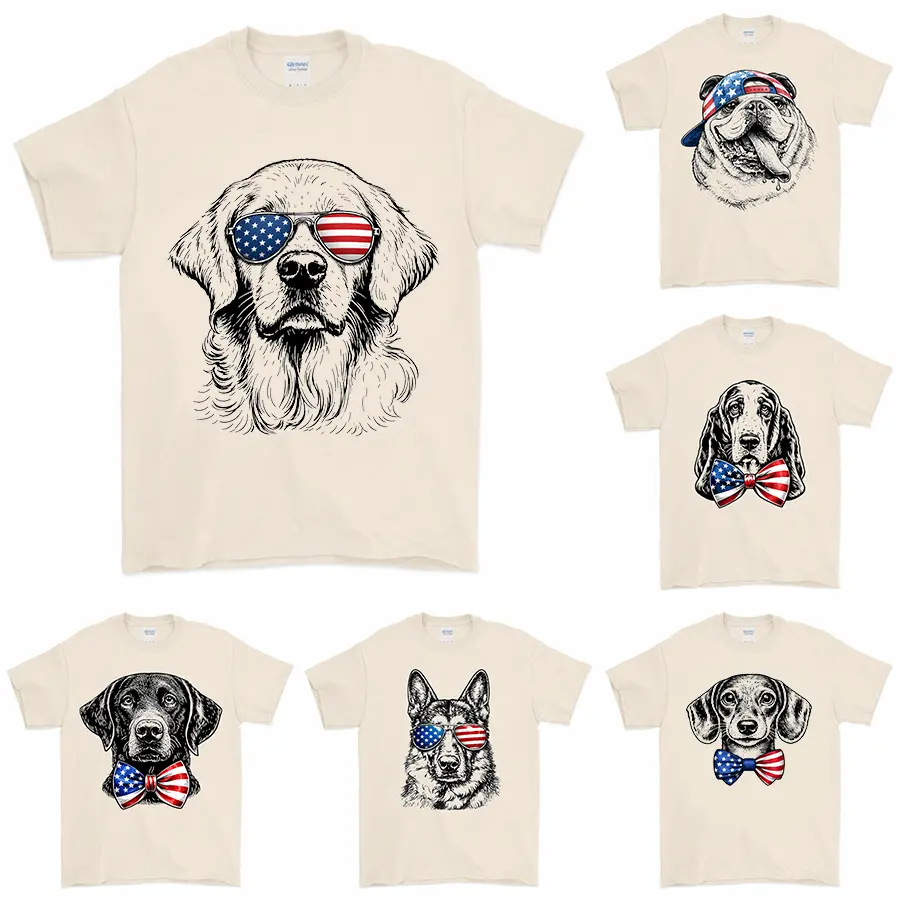 Puppy Love Dog T-shirt Showcasing 50 dog breeds in 4th of July Graphic Sand Color, Cute Puppy Independence Day Shirt for Dog Lovers, printed on a cozy Gildan unisex crew pullover for pet lovers.