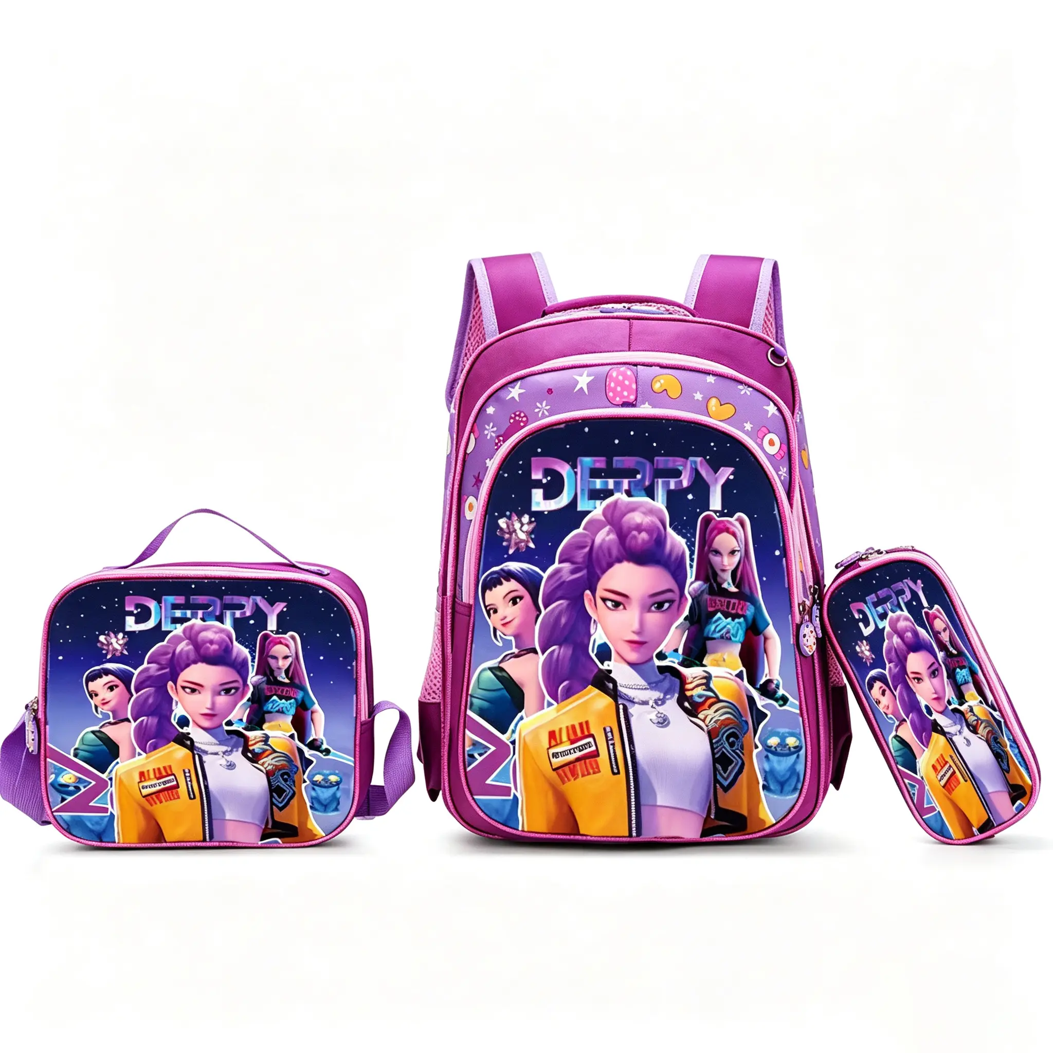 3D KPOP 3-in-1 Large Capacity Purple Girls' School Backpack Set with Insulated Lunch Bag & Pencil Case, Cute Character Derpy  Bag, Back-to-School Gift for Student Girls